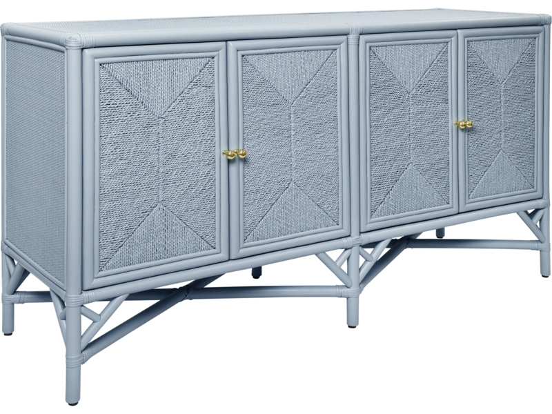 Rattan Door Buffet Cabinet with Three Drawer Center, Light Wood