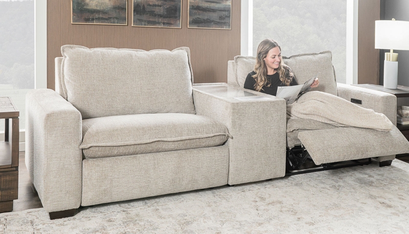 Reclining Loveseat Beige Power Recline with Center Console Cupholders (75 characters)