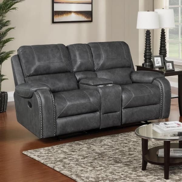 Reclining Loveseat Charcoal Pillow Top Faux Leather Motion