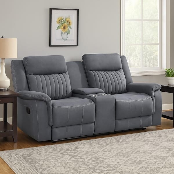 Reclining Loveseat Gray Microfiber Console Cup Holders Home Theater