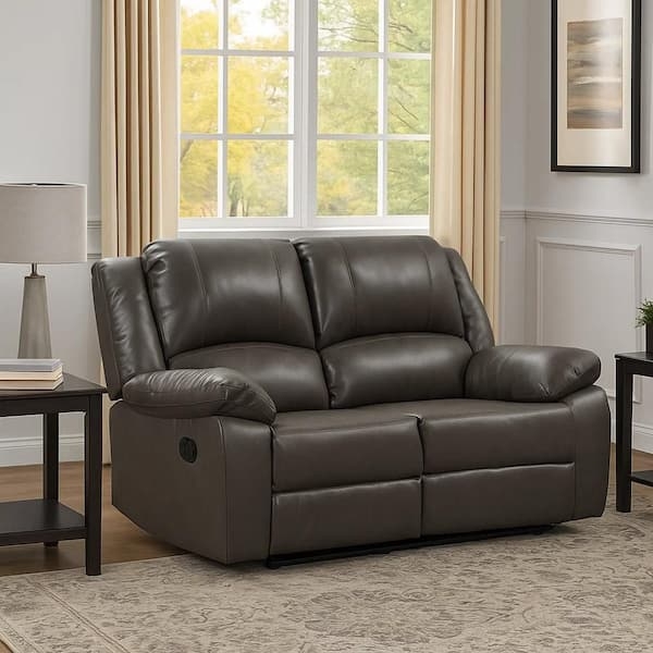 Reclining Loveseat in Gray Leather-Like Fabric with Pillow Top Arms