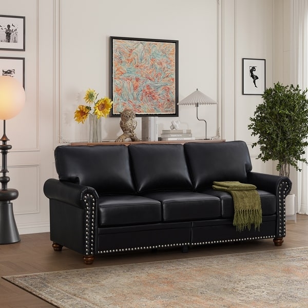 Reclining Sofa Dark Brown Leather Look Nailhead Trim Drop Down Console