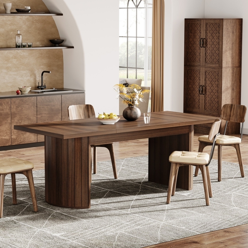 Rectangular Dining Table, 78.7 Inch, Walnut with Dual Ribbed Pedestal