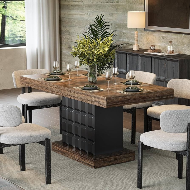 Rectangular Dining Table Rustic Brown Top Chunky Black Pedestal Base
