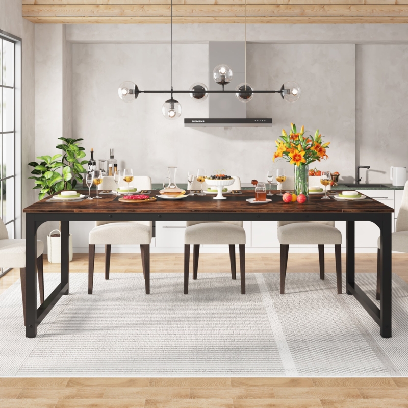 Rectangular Dining Table, Rustic Brown Wood & K-Shaped Metal Legs