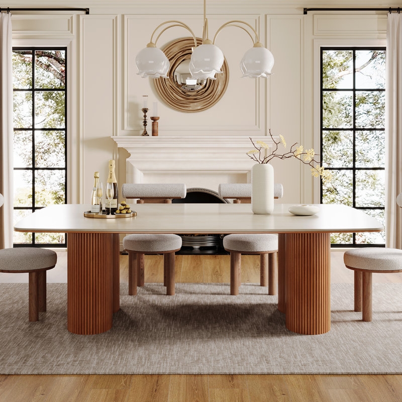 Rectangular Dining Table Travertine Slab Top Fluted Base Organic Modern