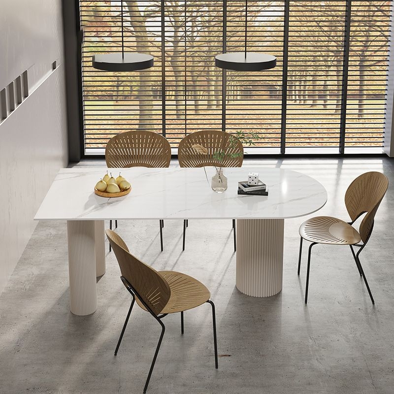 Rectangular Dining Table, White Stone-Like Surface on Pedestal Base