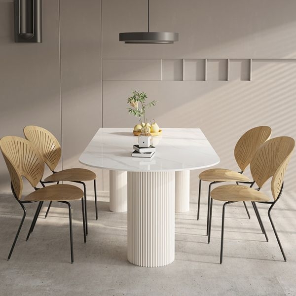 Rectangular Dining Table, White Stone-Like Top with Thick Panel Legs