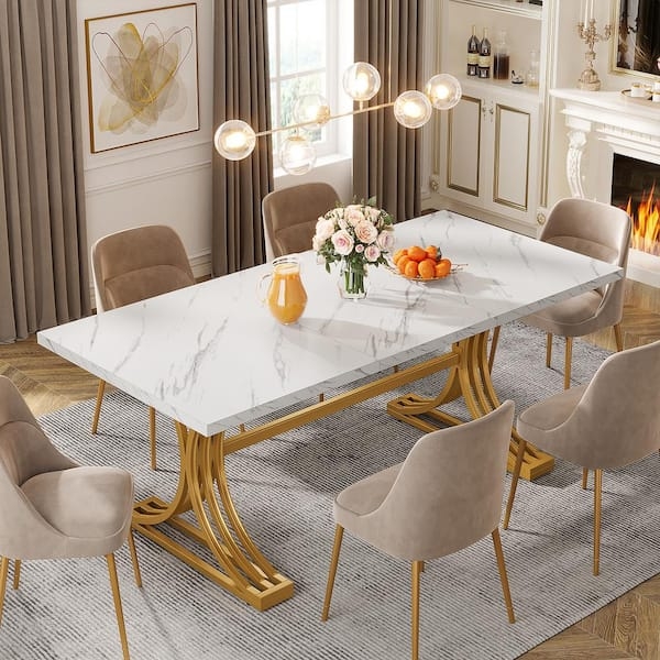 Rectangular Dining Table with Gold U-Shaped Pedestals