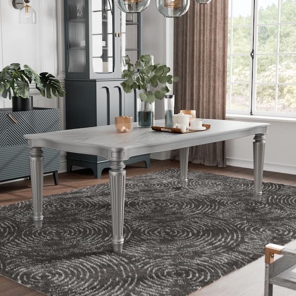 Rectangular Dining Table with Mirrored Apron Inserts and Silver Finish
