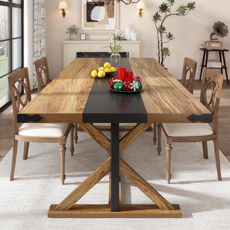 Rectangular Dining Table with Rounded Corners, Black Trestle Base