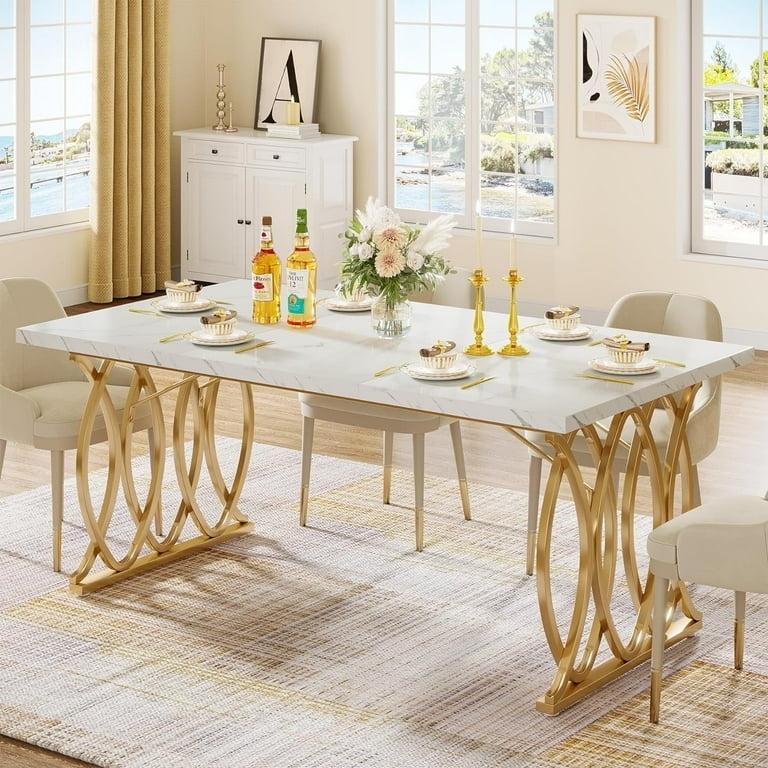 Rectangular Dining Table with White Faux Marble Top and Geometric Legs