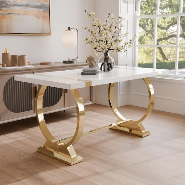 Rectangular Dining Table with White Top and Polished Gold Trestle Base