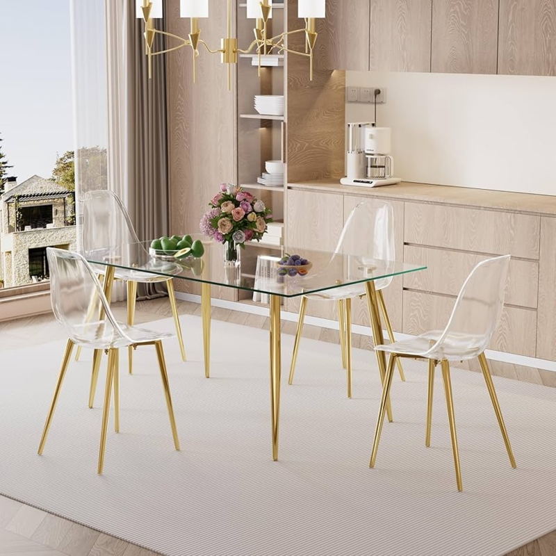 Rectangular Glass Dining Set with Gold Legs and Transparent Chairs