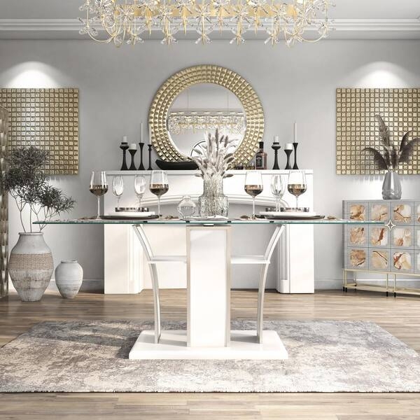 Rectangular Glass Dining Table on White Pedestals with Chrome Trim