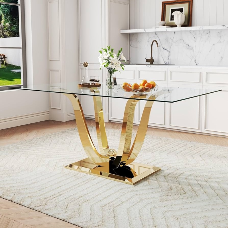 Rectangular Glass Dining Table with Unique Gold Petal-Shaped Base