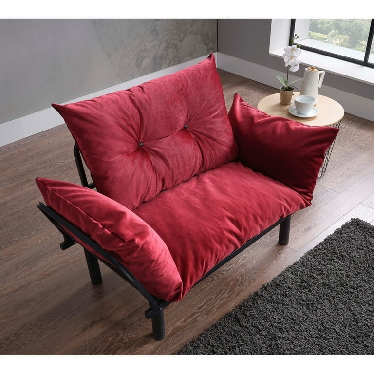 Red Mid-Century Modern Loveseat with Flared Arms, Tapered Legs
