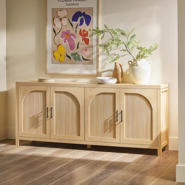 Reeded Wood Sideboard with Arches, Arched Doors and Metal Base