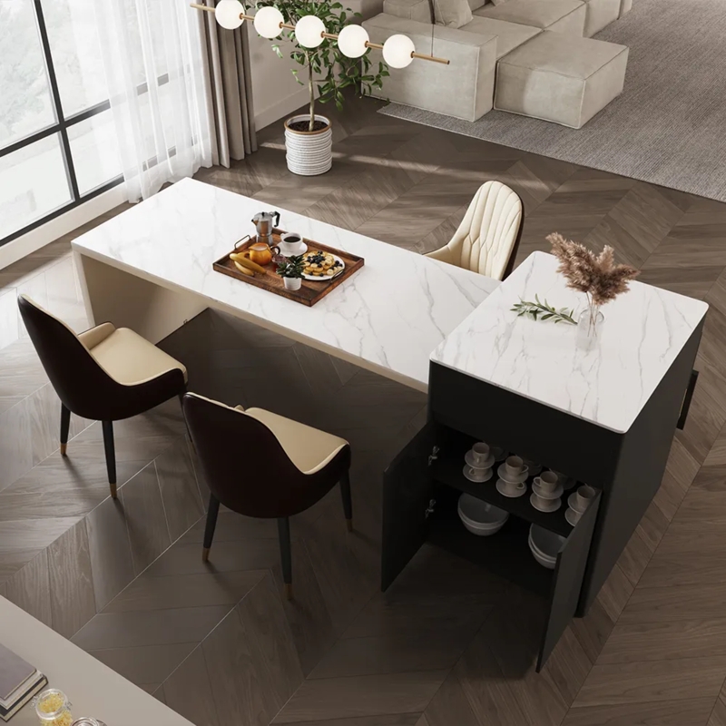 Retractable Kitchen Island Countertop Slat Paneling Mixed Material