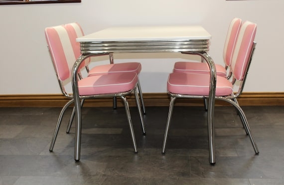 Retro 50s Diner Dining Set Pink Vinyl Chrome Square