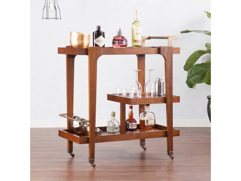 Retro Bar Cart Walnut Wood Gold Guard Rails Oversized Rear Wheels