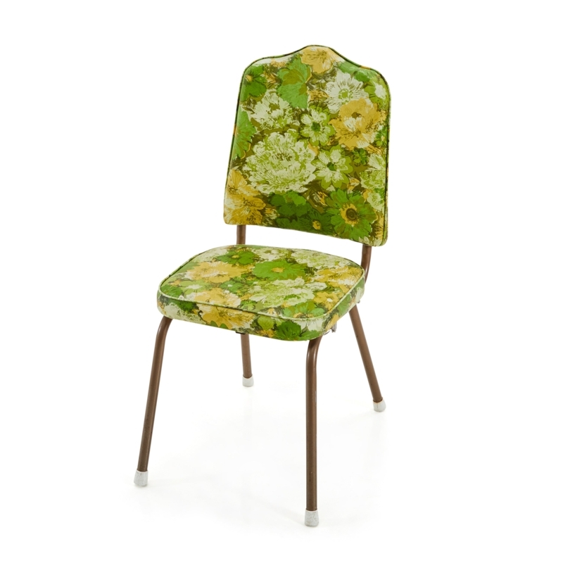 Retro Dining Chair Green Yellow Floral Vinyl Blonde Wood Frame