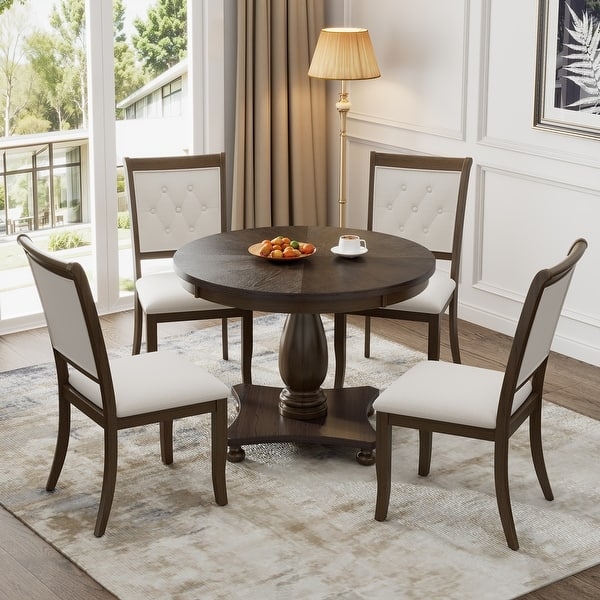 Retro Dining Set Round Ribbed Pedestal Base Charcoal Chairs