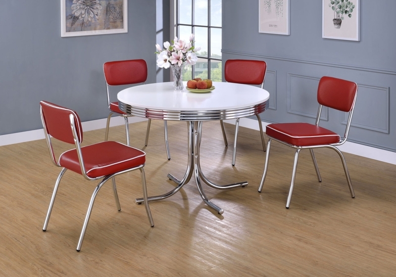Retro Modern Dining Table, Round White Top, Chrome Pedestal Base