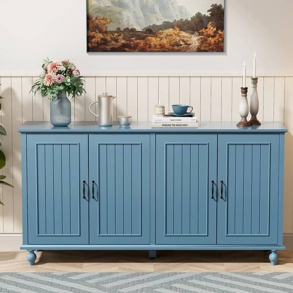 Retro Muted Blue Sideboard with Tapered Legs and Gold Toned Pulls