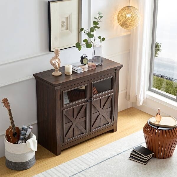 Retro Storage Sideboard with Sliding Doors and Open Cubbies