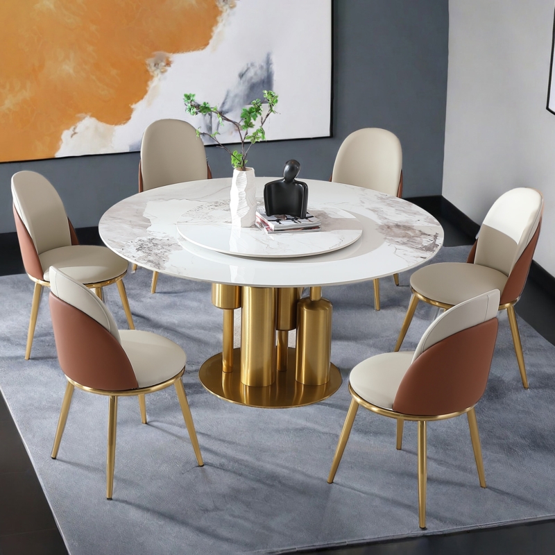 Ribbed Base Round Dining Set with Channel Tufted Chairs and Lazy Susan