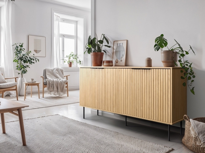 Ribbed Light Wood Sideboard with Gold Metal Legs, 4-Door Buffet