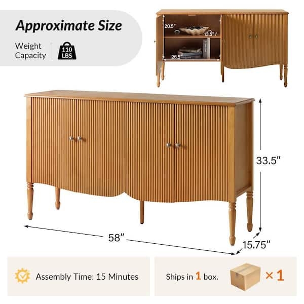 Ribbed Wood Sideboard in Light Oak with Black Tapered Legs