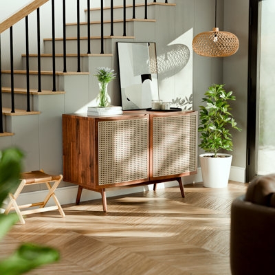 Ribbed Wood Sideboard Slim Black Legs Mid-Century Modern Cabinet