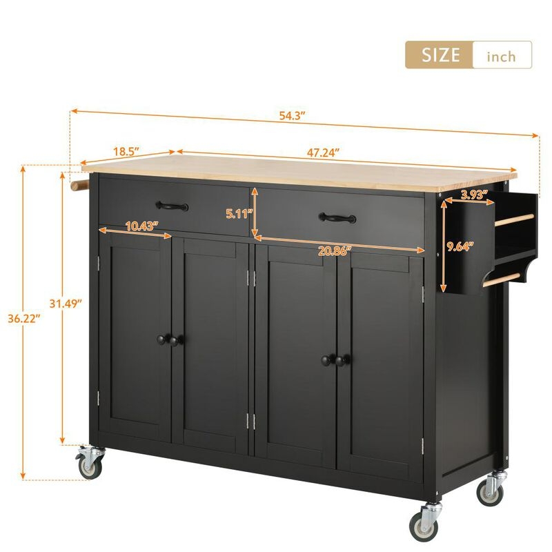 Rolling Black Kitchen Island Cart with Shaker Cabinet Doors and Towel Rack