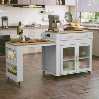Rolling Black Kitchen Island Cart with Sliding Fluted Glass Doors