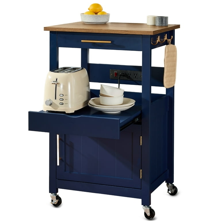 Rolling Cart with Sliding Tray, Side Hooks, and Power Outlet