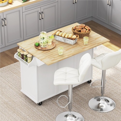 Rolling Island with Drop Leaf, Three-Drawer Layout, and Towel Bar