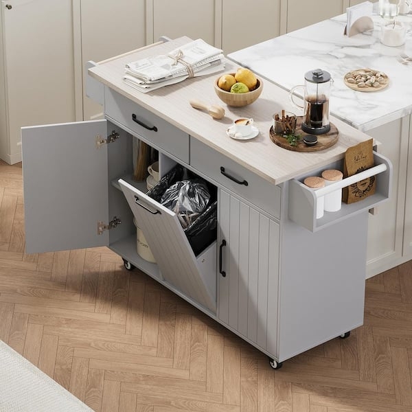 Rolling Island with Drop Leaf, Tilt-Out Trash Cabinet