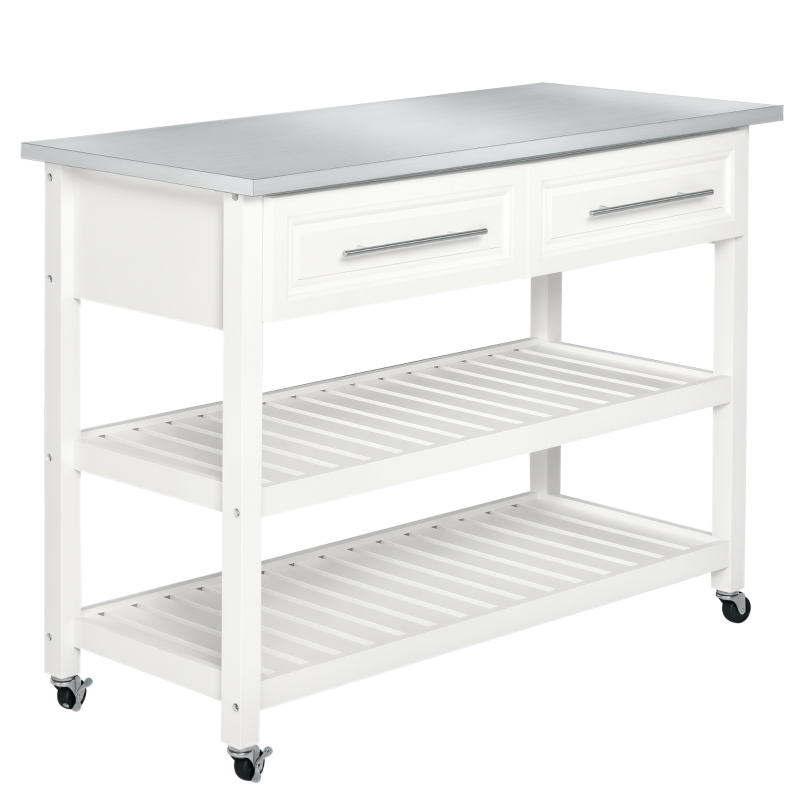 Rolling Kitchen Cart Stainless Steel Top White Slatted Shelves