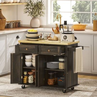 Rolling Kitchen Cart Two Tone Wood Spice Rack Towel Bar