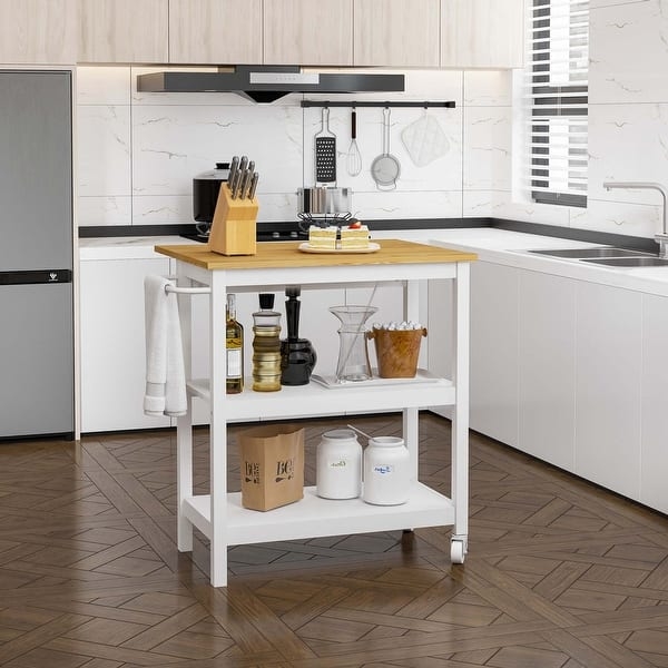 Rolling Kitchen Cart White Drop Leaf Wood Top 3-Tier