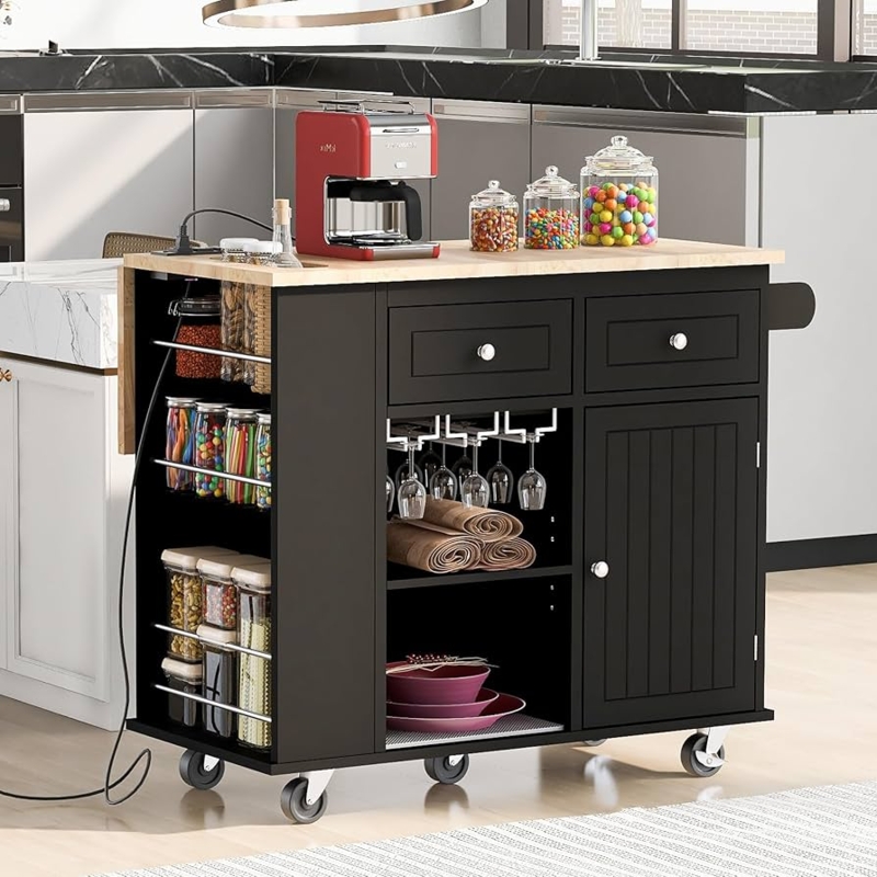 Rolling Kitchen Cart with Power Outlet, Drop Leaf, and Wine Rack