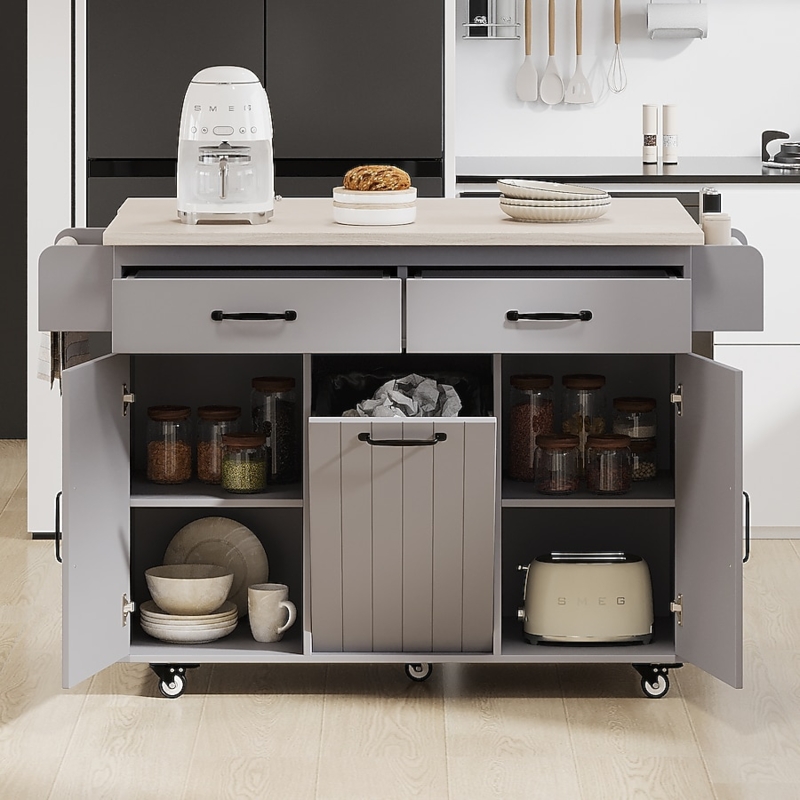 Rolling Kitchen Cart with Tilt-Out Trash Bin, Drop Leaf Top