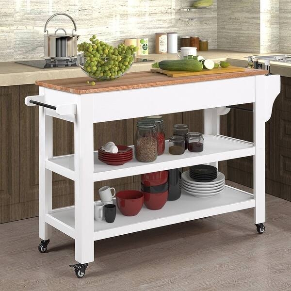 Rolling Kitchen Cart Wood Top With Two-Sided Towel Bars