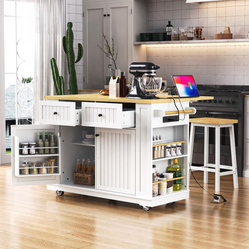 Rolling Kitchen Island Cart on Five Caster Base with Power Outlet