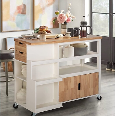 Rolling Kitchen Island Cart, White, Wood Countertop, Towel Rack