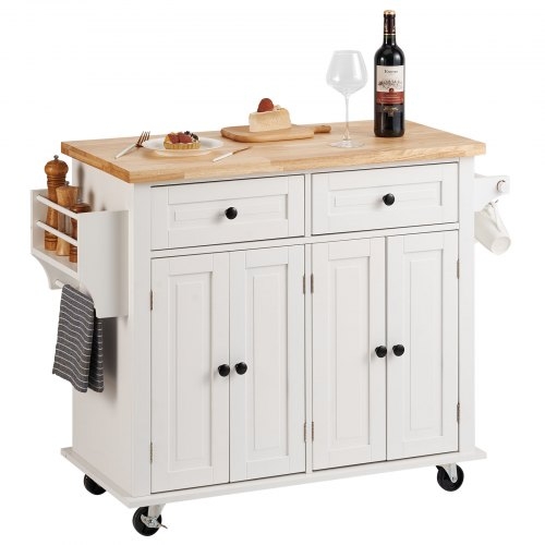 Rolling Kitchen Island Cart with Butcher Block Top and Spice Rack