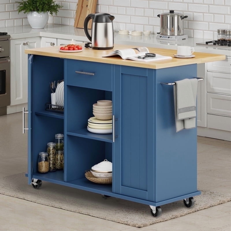 Rolling Kitchen Island Cart with Drop-Leaf and Magnetic Doors