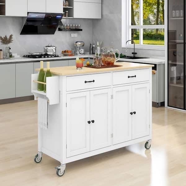 Rolling Kitchen Island Cart with Side Towel and Spice Racks